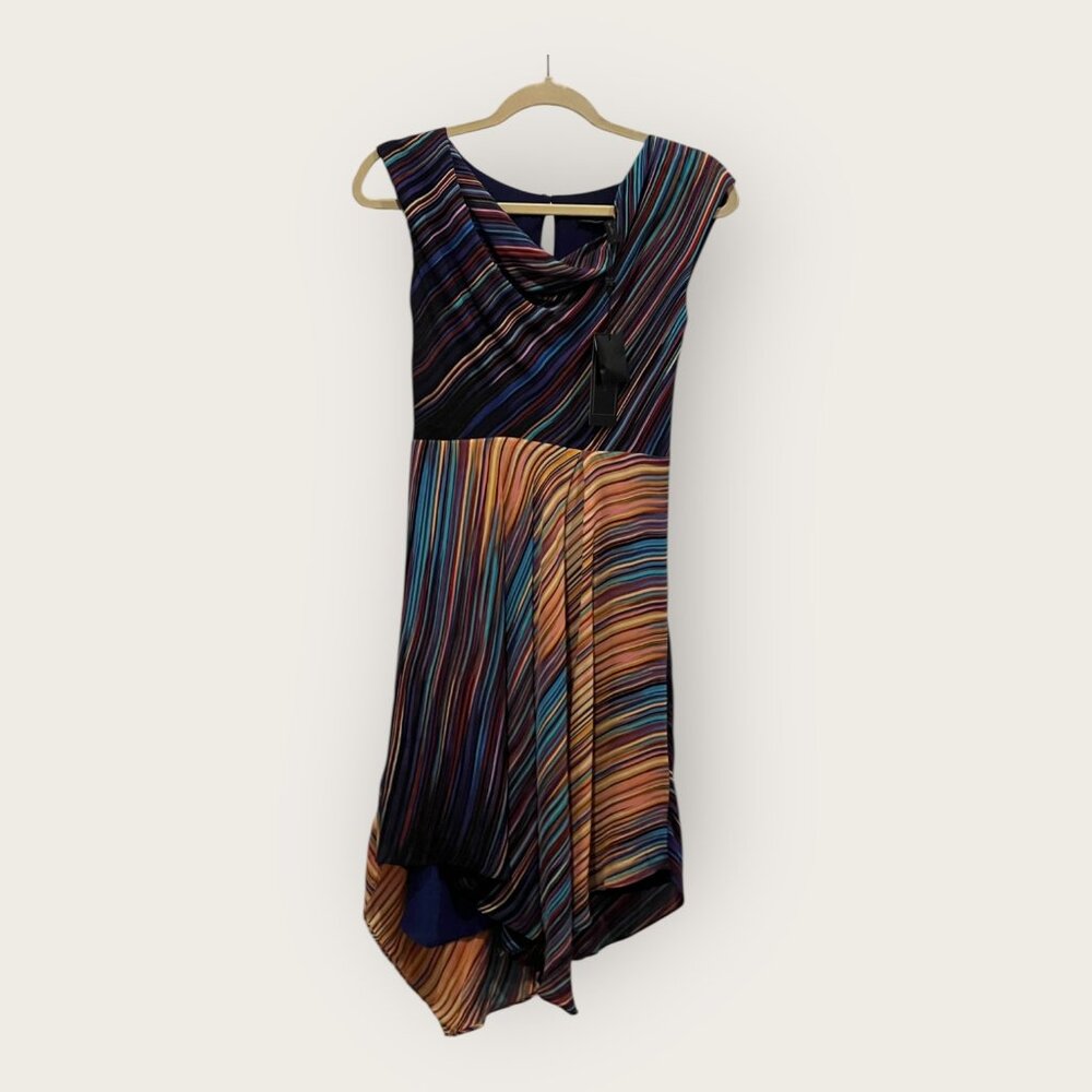 NWT: BCBGMAXZARIA TEAL MULTI STRIPED DRAPED DRESS, SZ:0